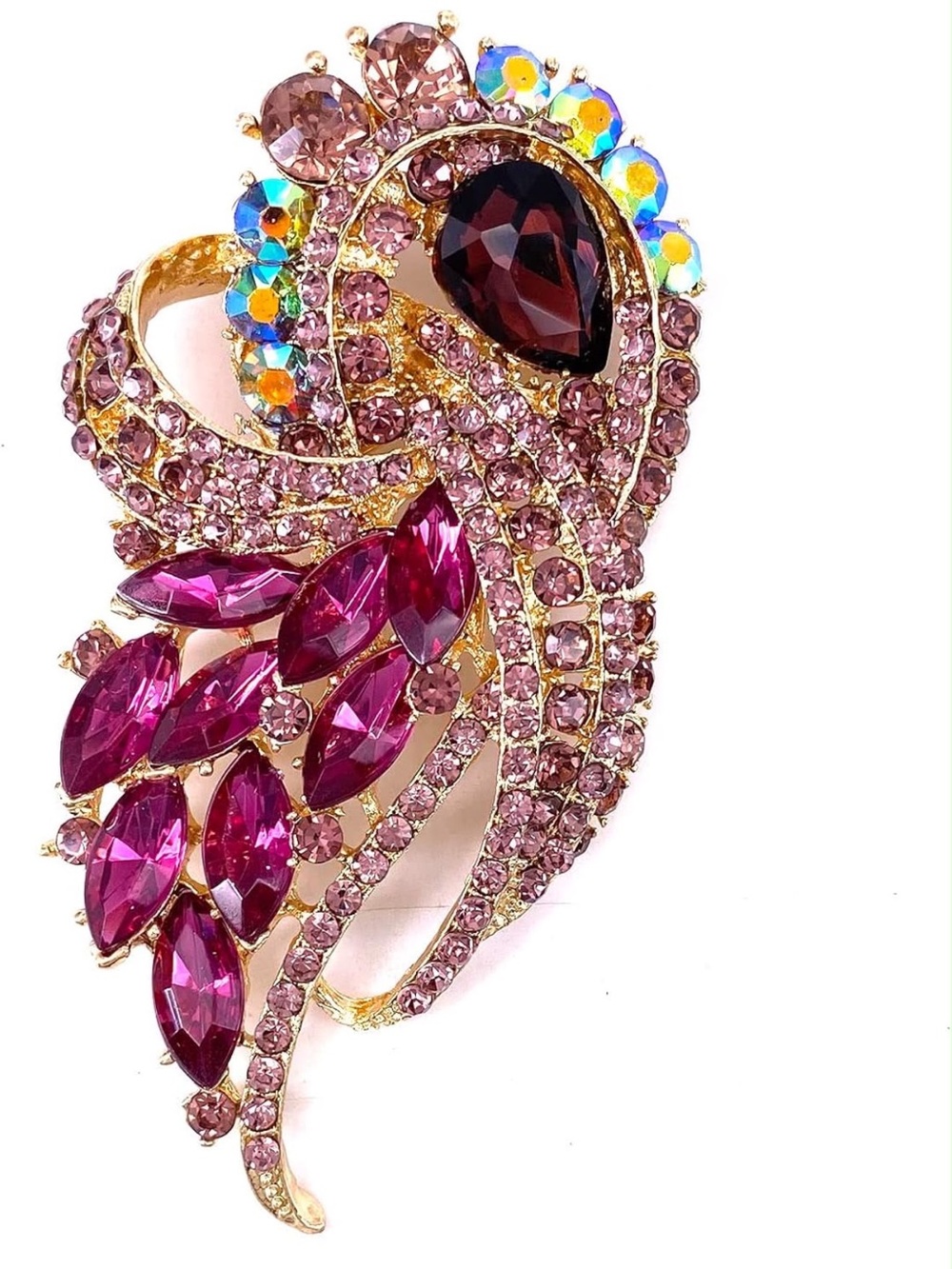 Anthropologie Gold Tone Pink and Burgundy Crystal Feather Brooch - Picture 2 of 5